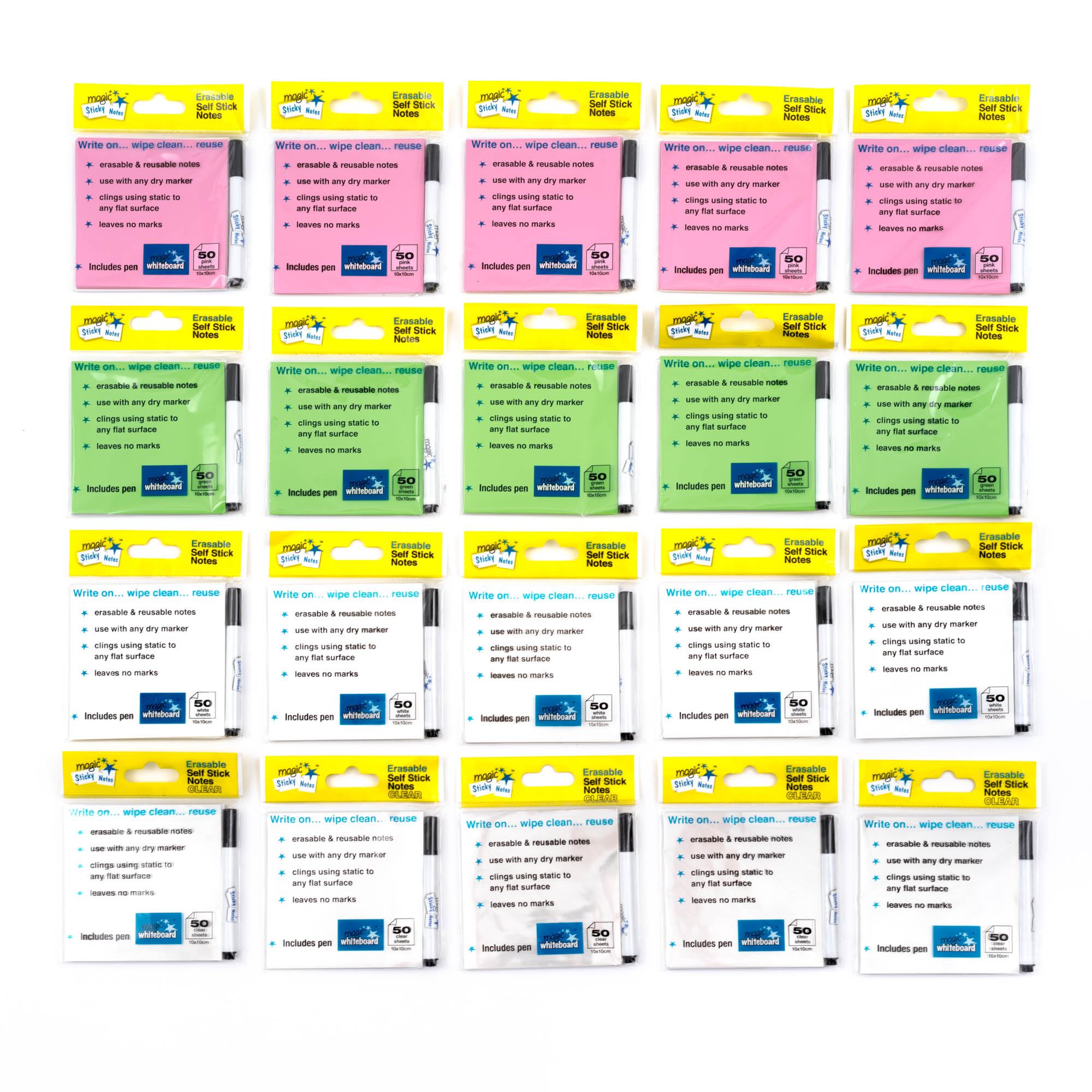 20 Paquet - Paquet Multi - Carnet de mémos autocollants magiques - ROSES, VERT, BLANC, TRANSPARENT
